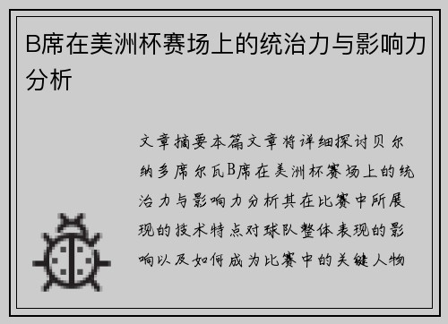 B席在美洲杯赛场上的统治力与影响力分析