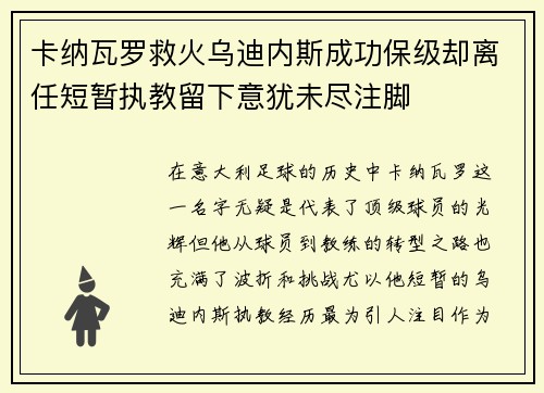 卡纳瓦罗救火乌迪内斯成功保级却离任短暂执教留下意犹未尽注脚